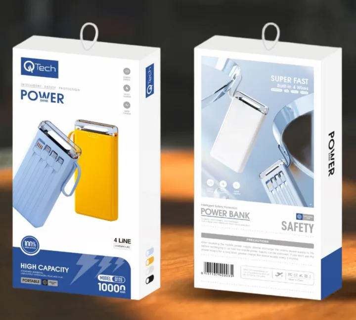 Qtech Q115 Power Bank 10000mAh With Torch Light And Attached Cables (Random Color)