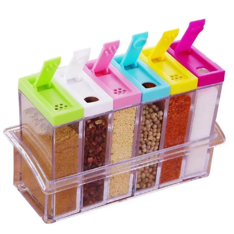 Set of 6 Spice Jars Dispenser Masala Rack Easy Flow Storage Crystal Seasoning Box Multicolour